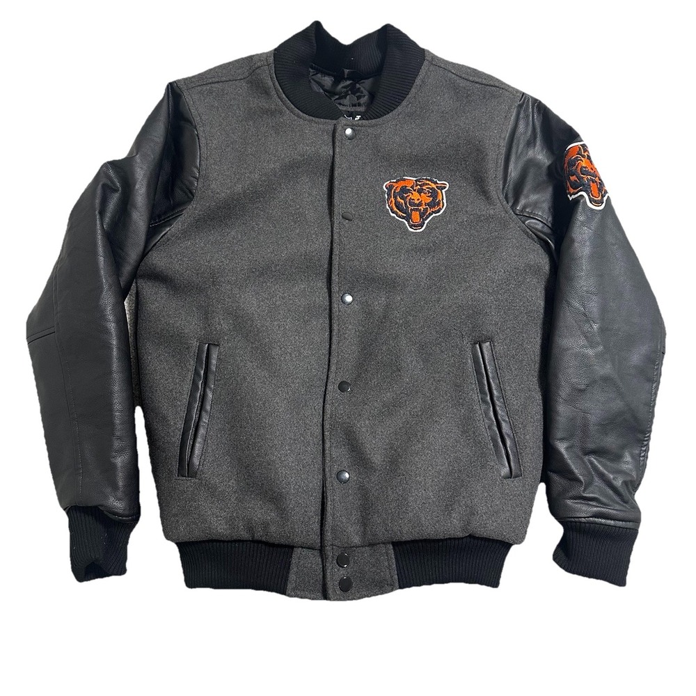 Chicago Bears Letterman Jacket Mens S Grey Black Bomber Snap Button Ultra Game